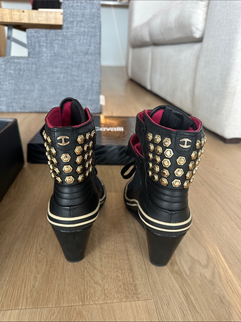 Just Cavalli Black Wedge High-Top Sneakers with Gold Studs and Pink Lining - Picture 2 of 6